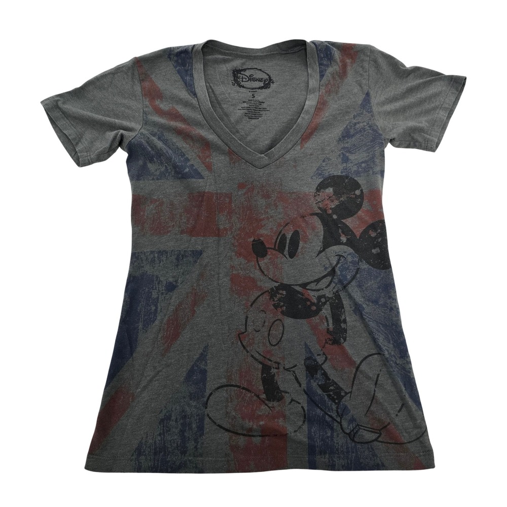 Disney Mickey Mouse Union Jack Flag Gray‎ V-Neck Tee Women's S Distressed